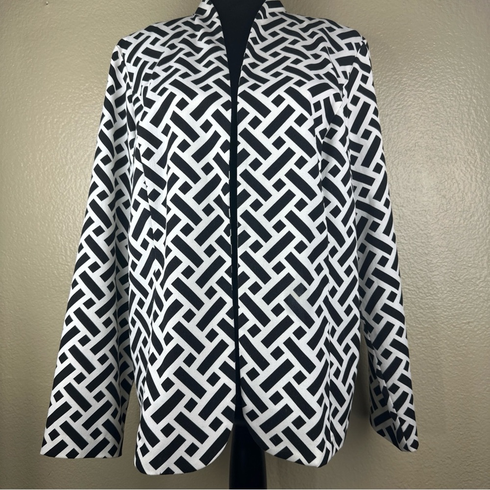 Chico's 2 Jacket Open Front Black White Basket Weave Pattern Lightweight Unlined